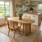 67" Natural Solid Wood And Rattan Double Pedestal Base Oval Dining Table