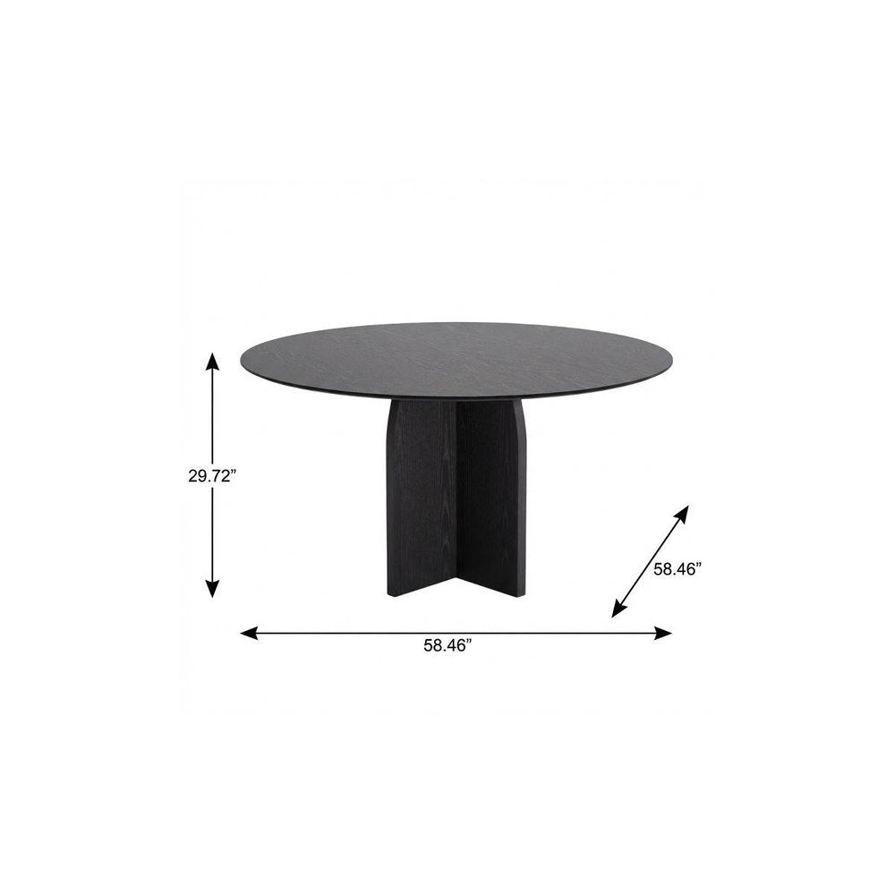 58" Black Solid Wood Pedestal Base Round Top Dining Table