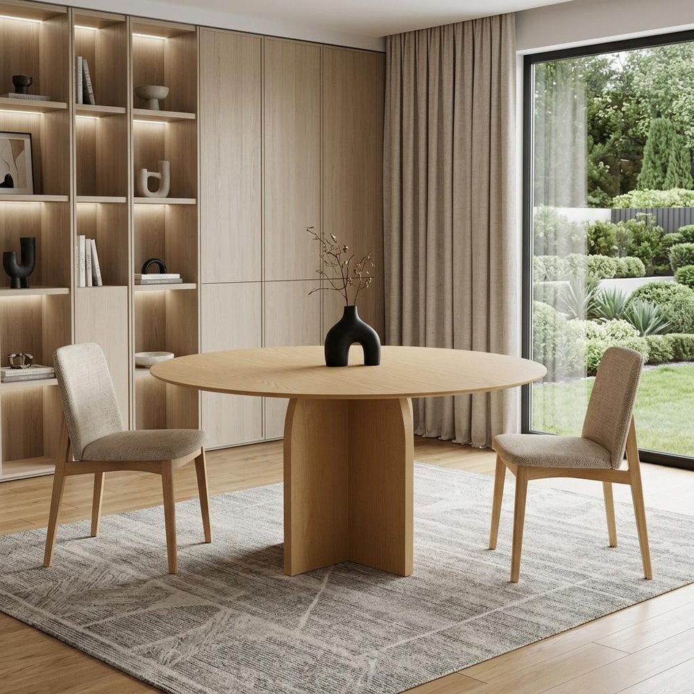 58" Natural Solid Wood Pedestal Base Round Top Dining Table