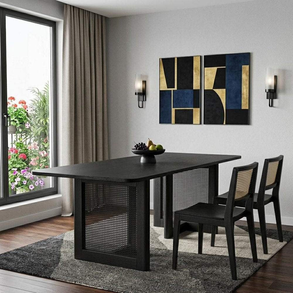 33" Black Solid Wood And Wood Double Pedestal Base Dining Table