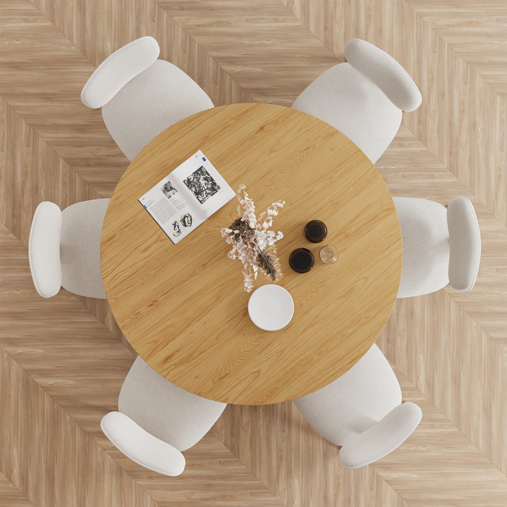 52" Natural Solid Wood and Rattan Cross Leg Base Round Top Dining Table