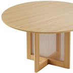 52" Natural Solid Wood and Rattan Cross Leg Base Round Top Dining Table