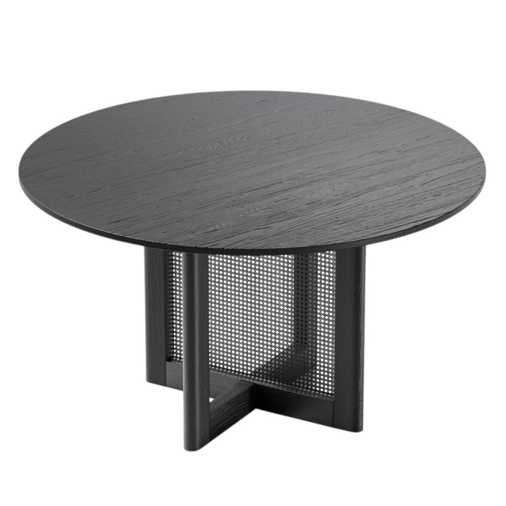 52" Black Solid Wood and Rattan Cross Leg Base Round Top Dining Table