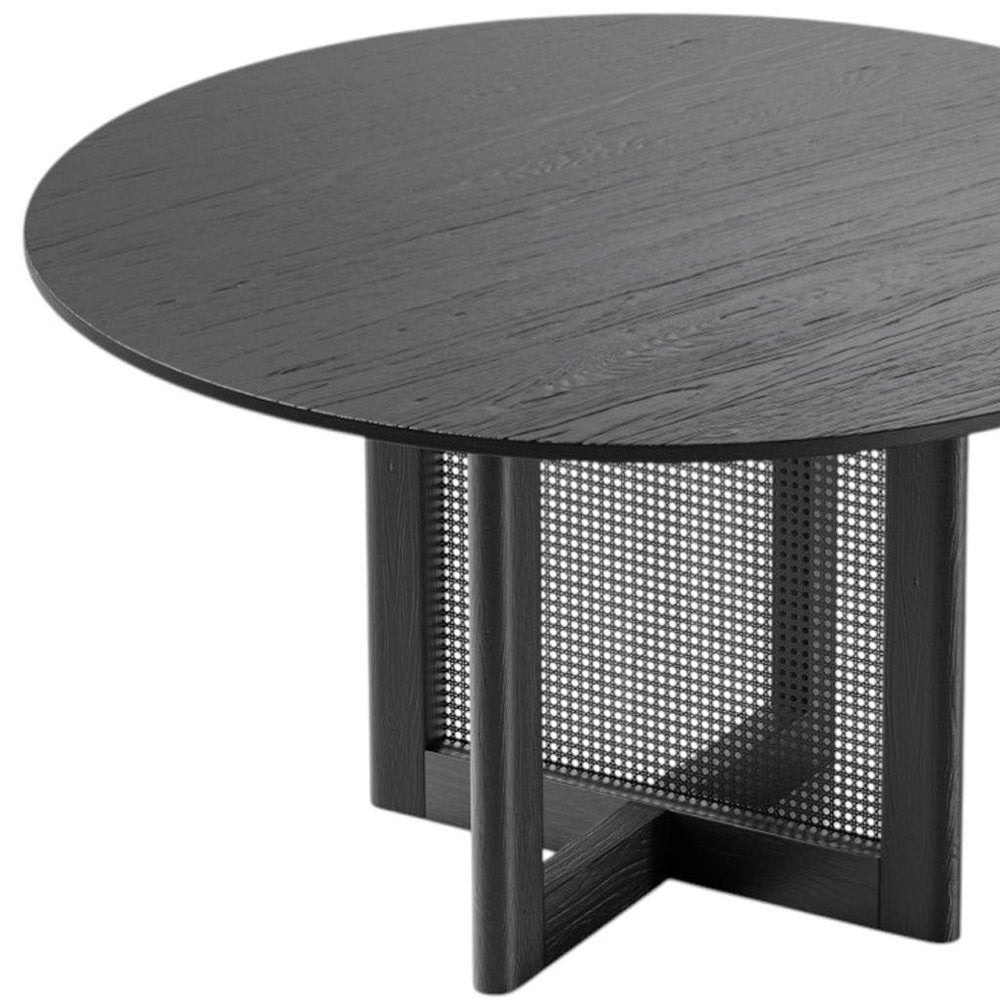 52" Black Solid Wood and Rattan Cross Leg Base Round Top Dining Table