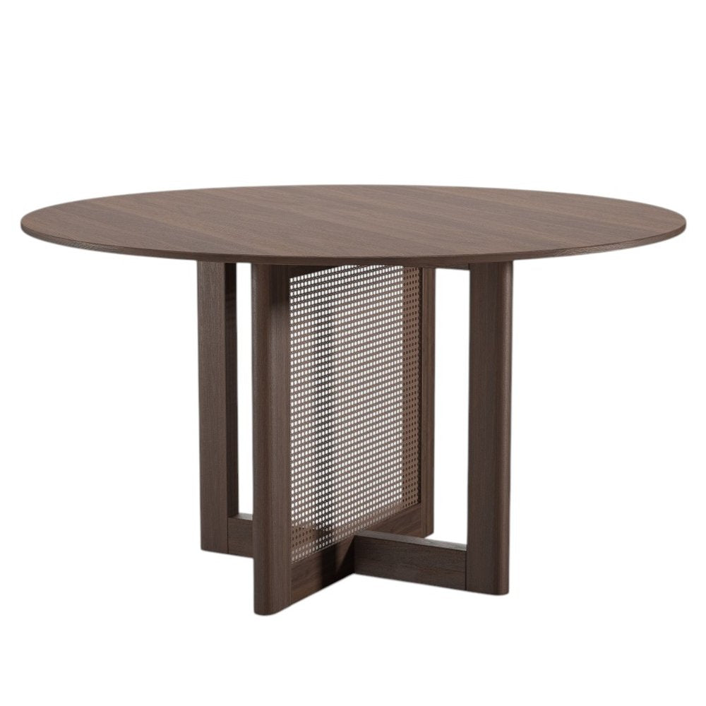 52" Brown Solid Wood and Rattan Cross Leg Base Round Top Dining Table