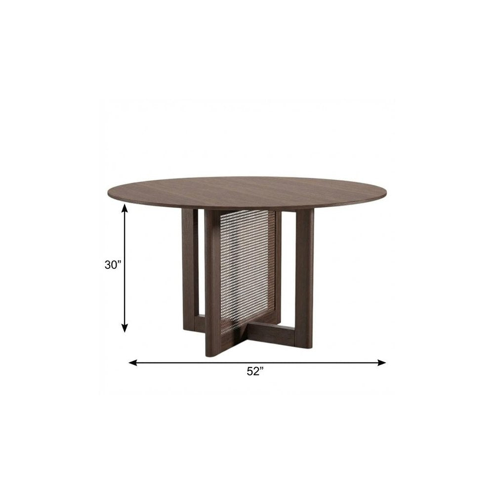 52" Brown Solid Wood and Rattan Cross Leg Base Round Top Dining Table