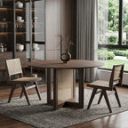 52" Brown Solid Wood and Rattan Cross Leg Base Round Top Dining Table