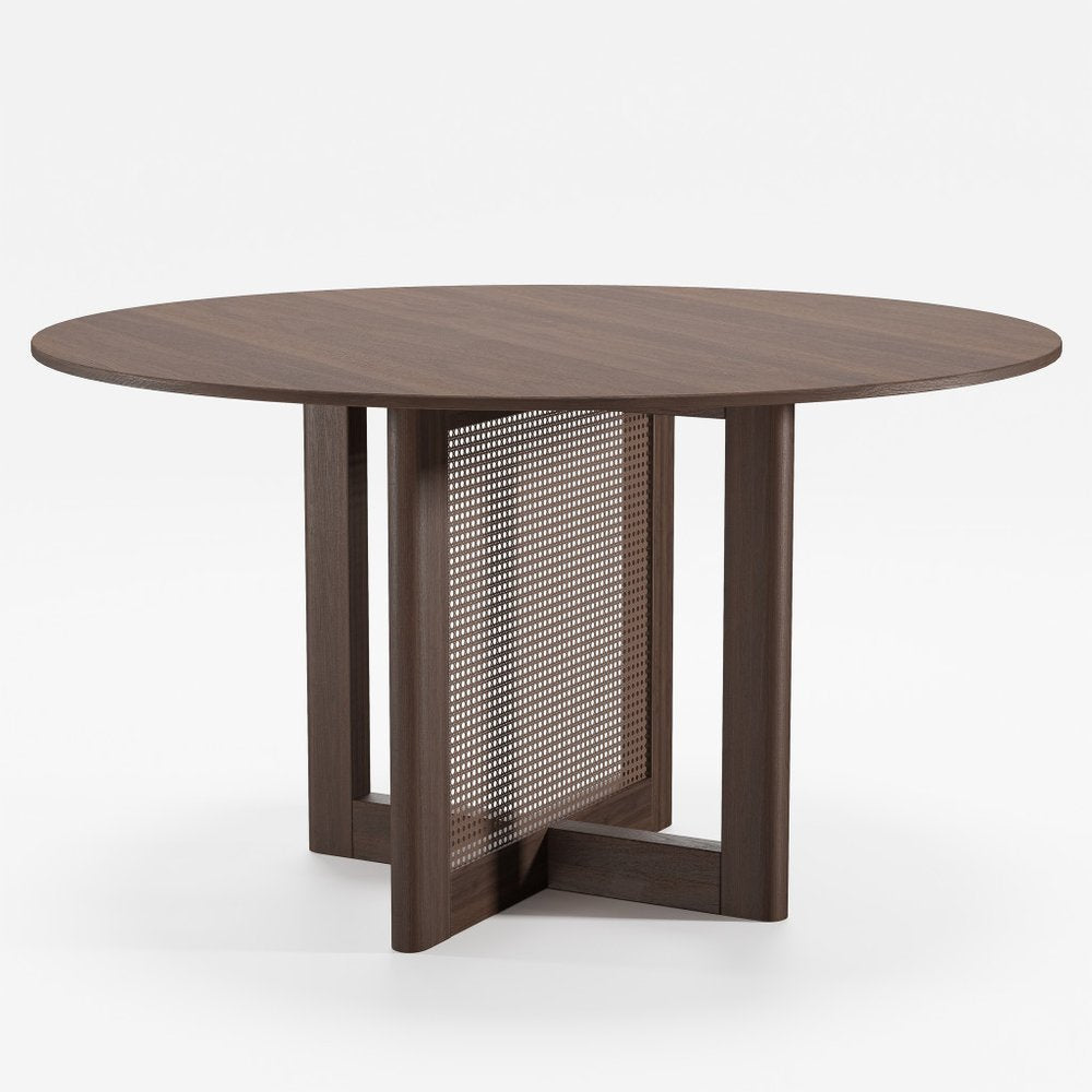 52" Brown Solid Wood and Rattan Cross Leg Base Round Top Dining Table