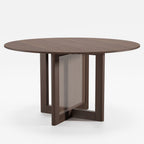 52" Brown Solid Wood and Rattan Cross Leg Base Round Top Dining Table