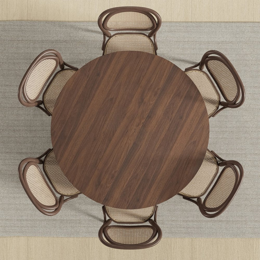 52" Brown Solid Wood and Rattan Cross Leg Base Round Top Dining Table
