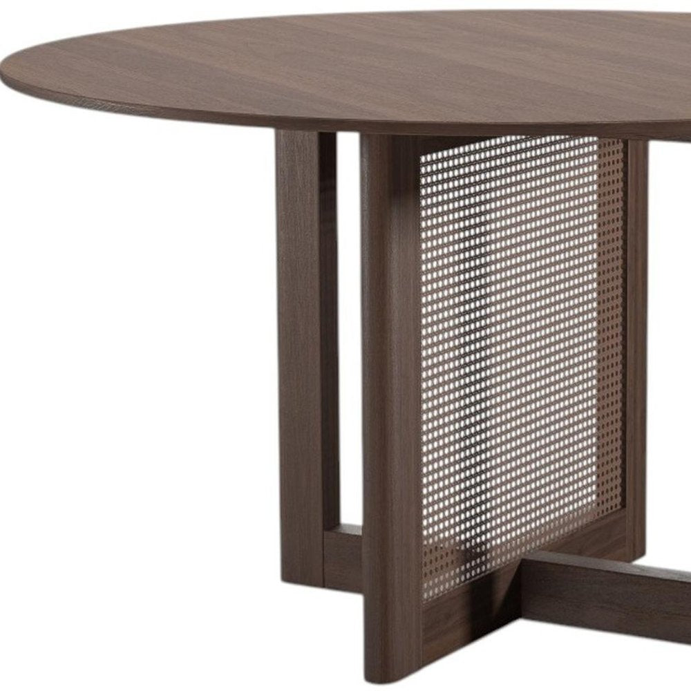 52" Brown Solid Wood and Rattan Cross Leg Base Round Top Dining Table