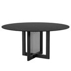 60" Black Solid Wood and Rattan Cross Leg Base Round Top Dining Table