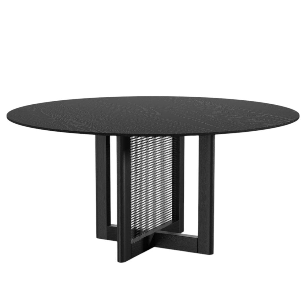 60" Black Solid Wood and Rattan Cross Leg Base Round Top Dining Table