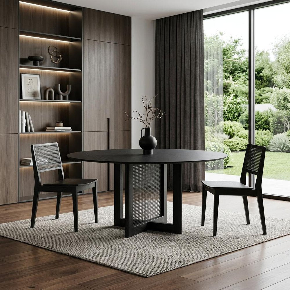 60" Black Solid Wood and Rattan Cross Leg Base Round Top Dining Table