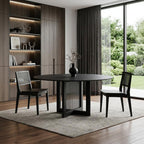 60" Black Solid Wood and Rattan Cross Leg Base Round Top Dining Table