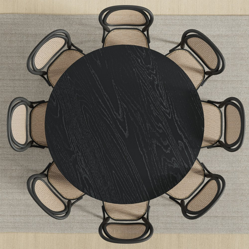 60" Black Solid Wood and Rattan Cross Leg Base Round Top Dining Table