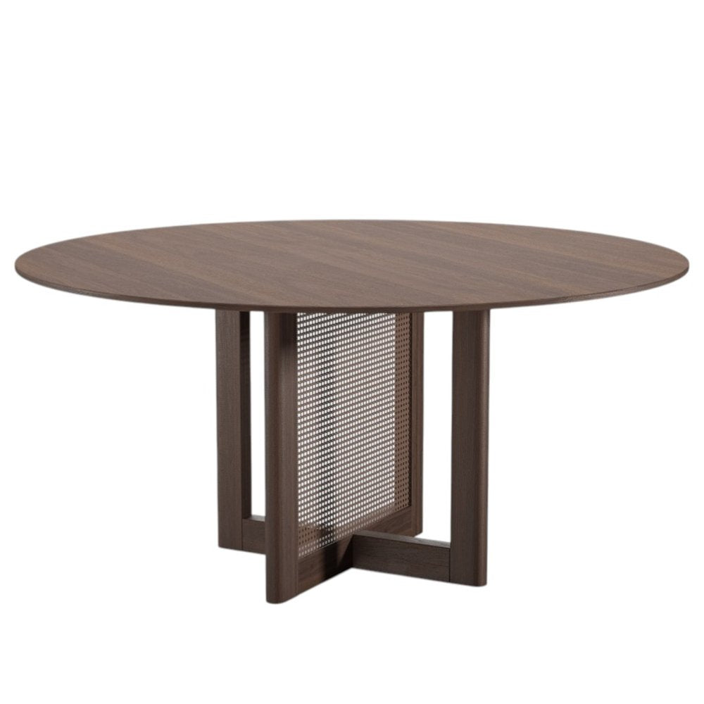 60" Brown Solid Wood and Rattan Cross Leg Base Round Top Dining Table