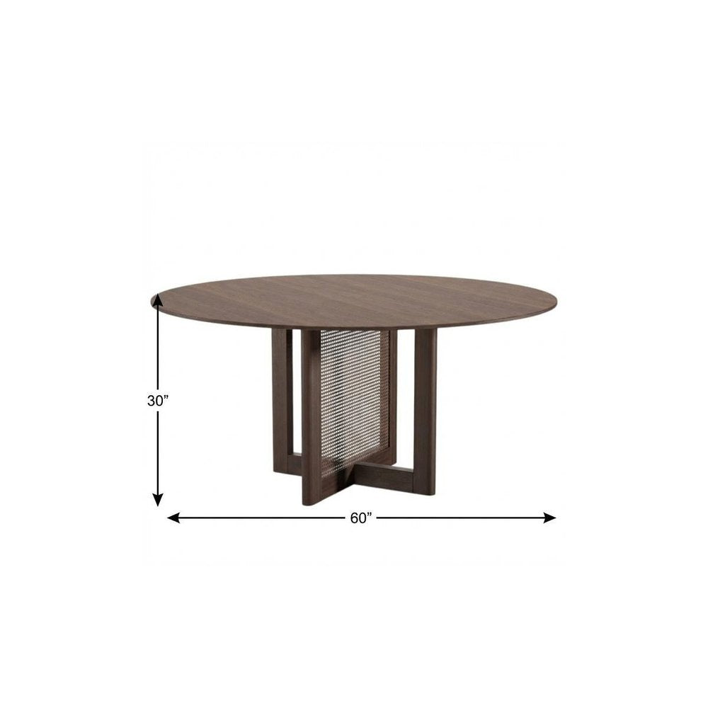 60" Brown Solid Wood and Rattan Cross Leg Base Round Top Dining Table