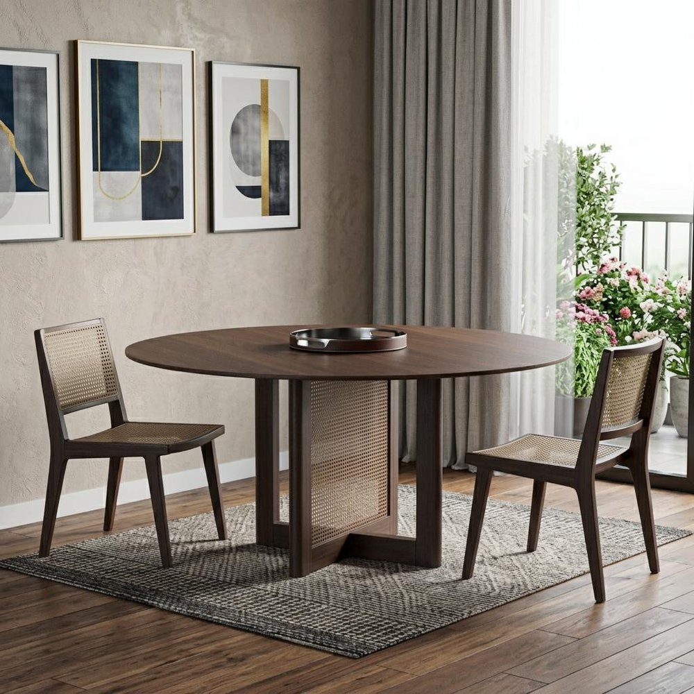 60" Brown Solid Wood and Rattan Cross Leg Base Round Top Dining Table