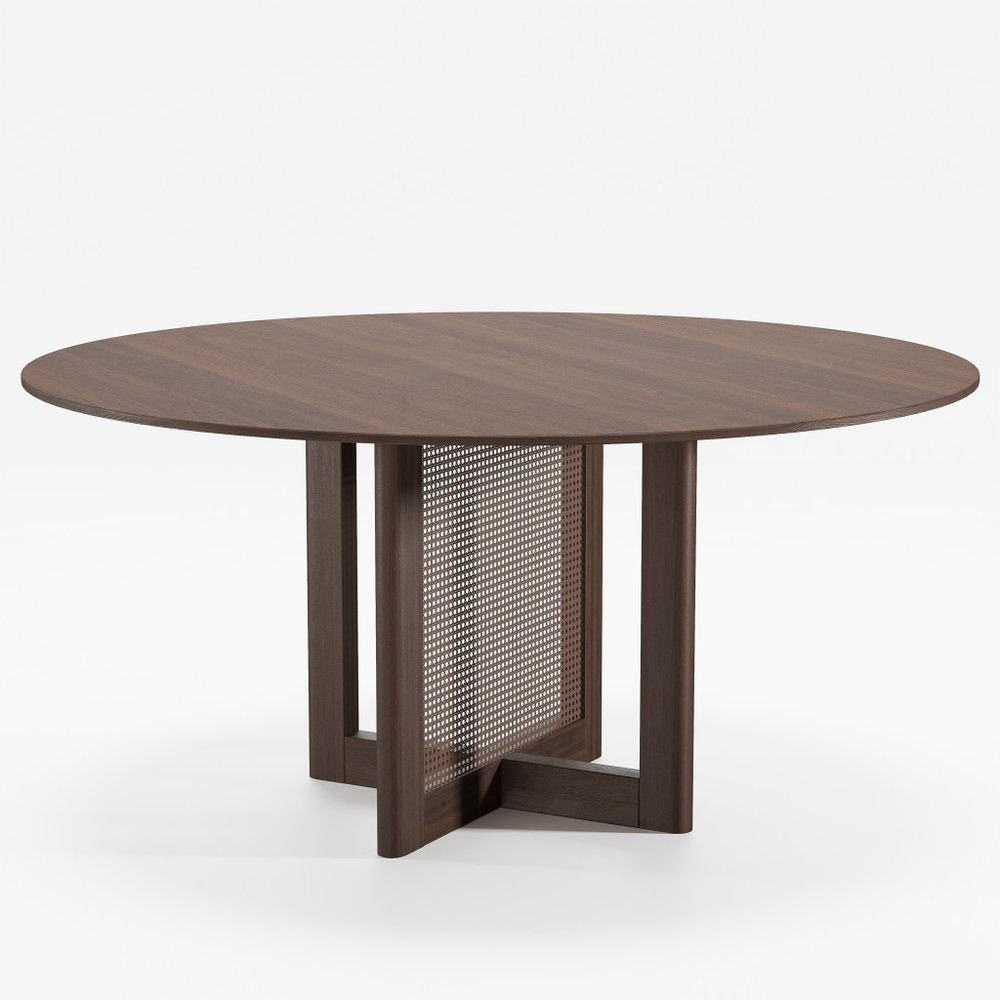60" Brown Solid Wood and Rattan Cross Leg Base Round Top Dining Table