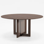 60" Brown Solid Wood and Rattan Cross Leg Base Round Top Dining Table