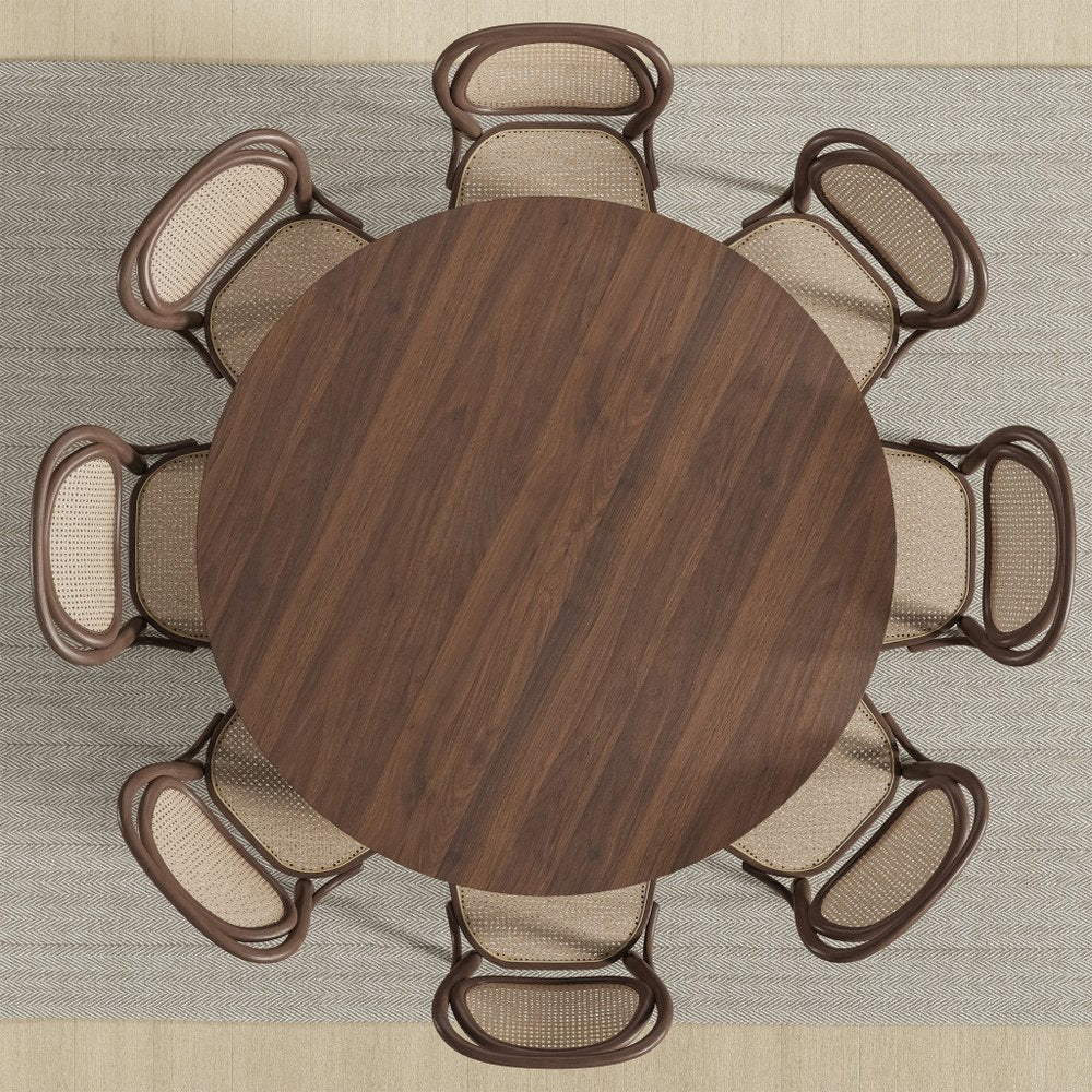 60" Brown Solid Wood and Rattan Cross Leg Base Round Top Dining Table