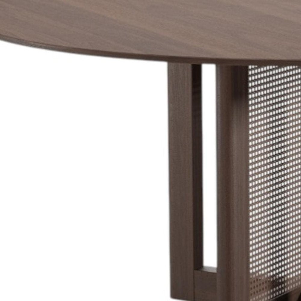 60" Brown Solid Wood and Rattan Cross Leg Base Round Top Dining Table