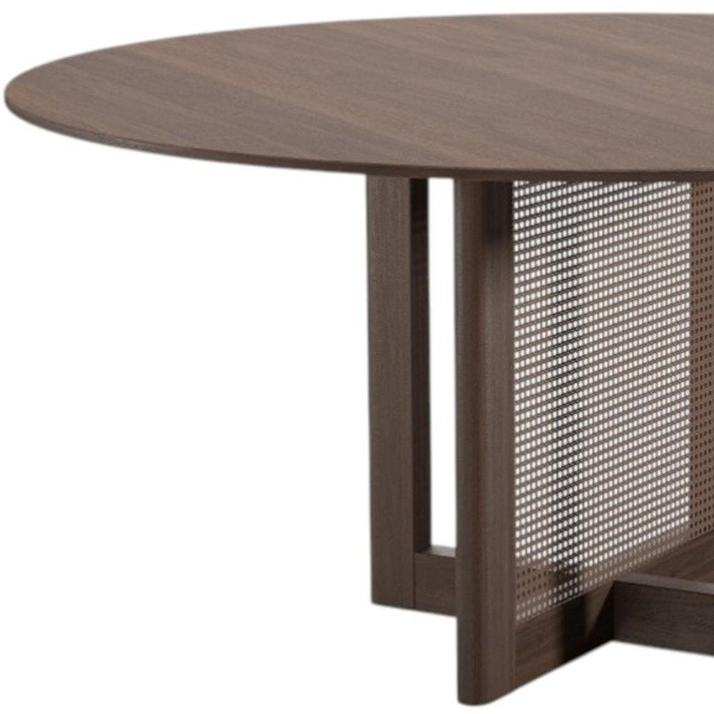 60" Brown Solid Wood and Rattan Cross Leg Base Round Top Dining Table