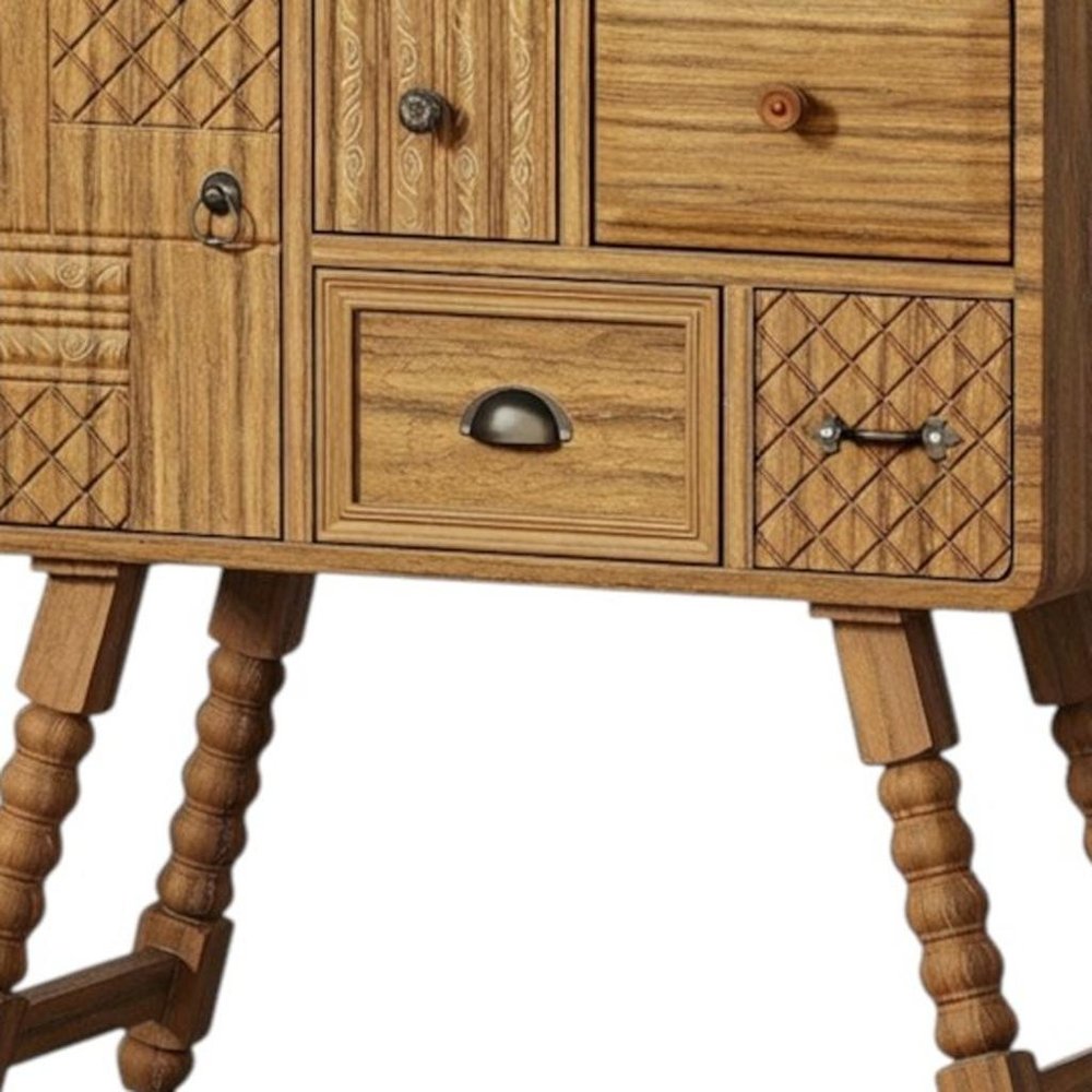 32" Sepia Solid Wood Console Accent Cabinet With Single Door And Four Drawers