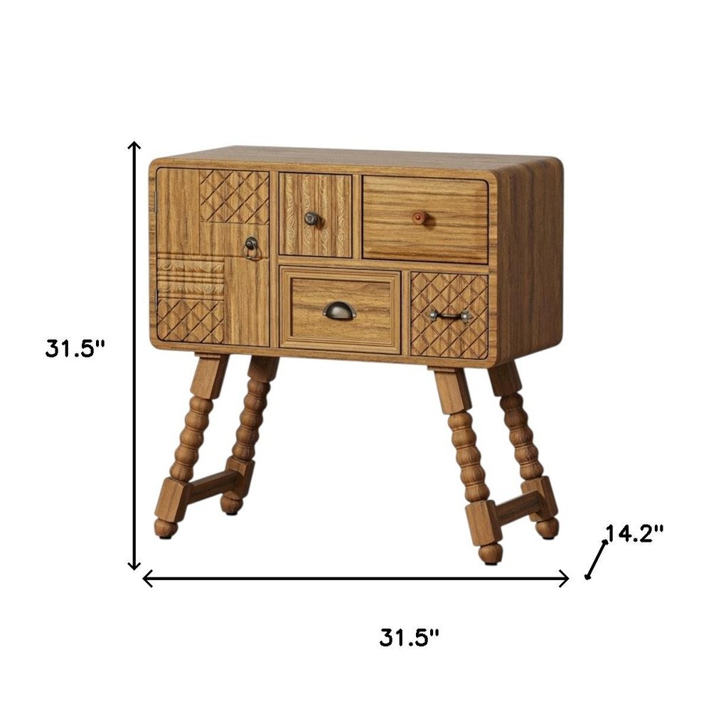 32" Sepia Solid Wood Console Accent Cabinet With Single Door And Four Drawers
