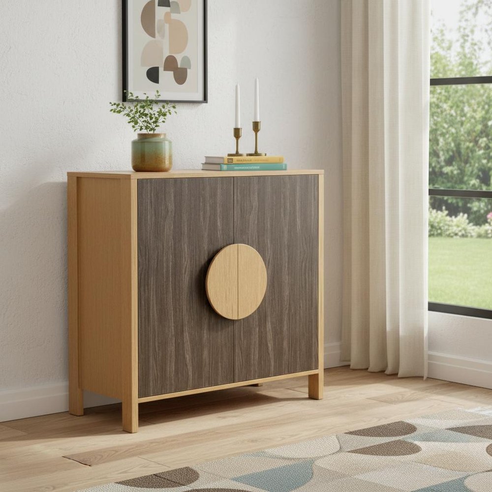 31" Natural and Sepia Solid Wood Console Accent Cabinet With Two Doors
