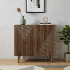 32" Brown Wood Carved Geometric Sideboard With Two Doors