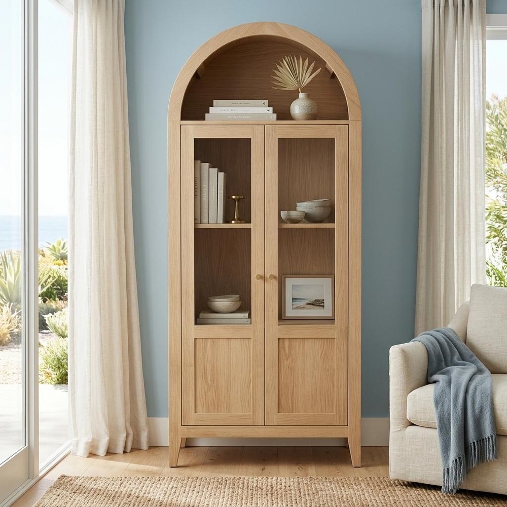 71" Natural Arched Accent Cabinet With Two Glass Panel Doors