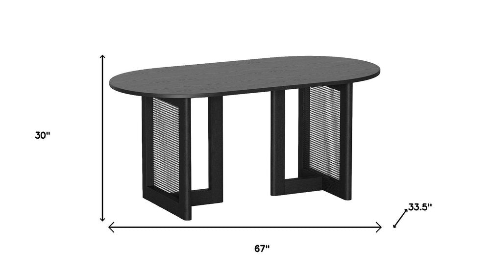67" Black Wood And Rattan Double Pedestal Base Oval Dining Table