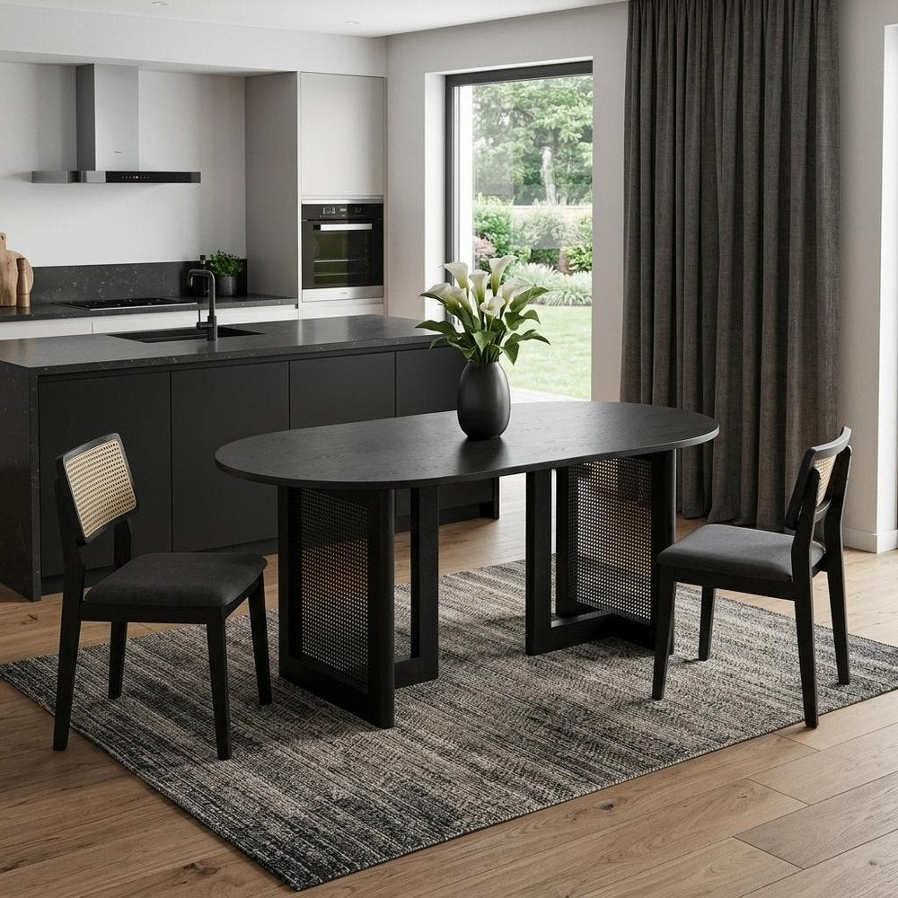 67" Black Wood And Rattan Double Pedestal Base Oval Dining Table