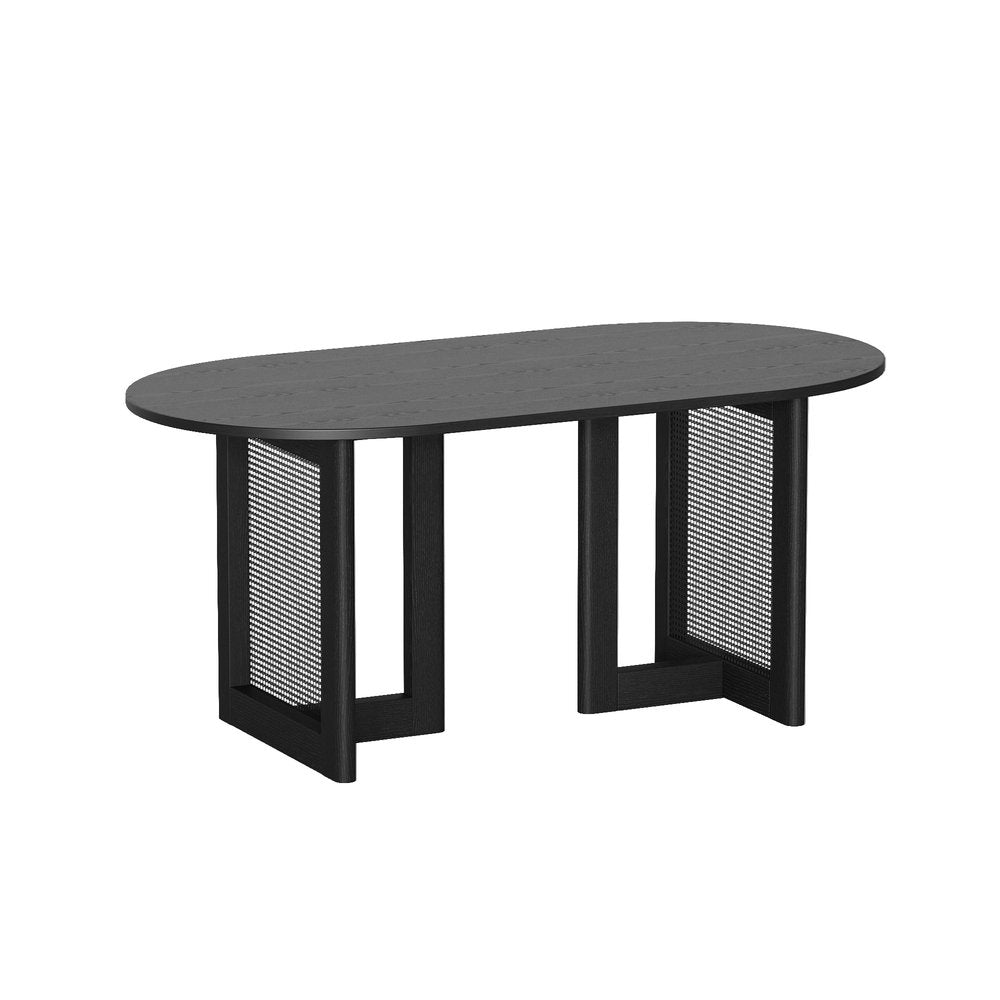 67" Black Wood And Rattan Double Pedestal Base Oval Dining Table