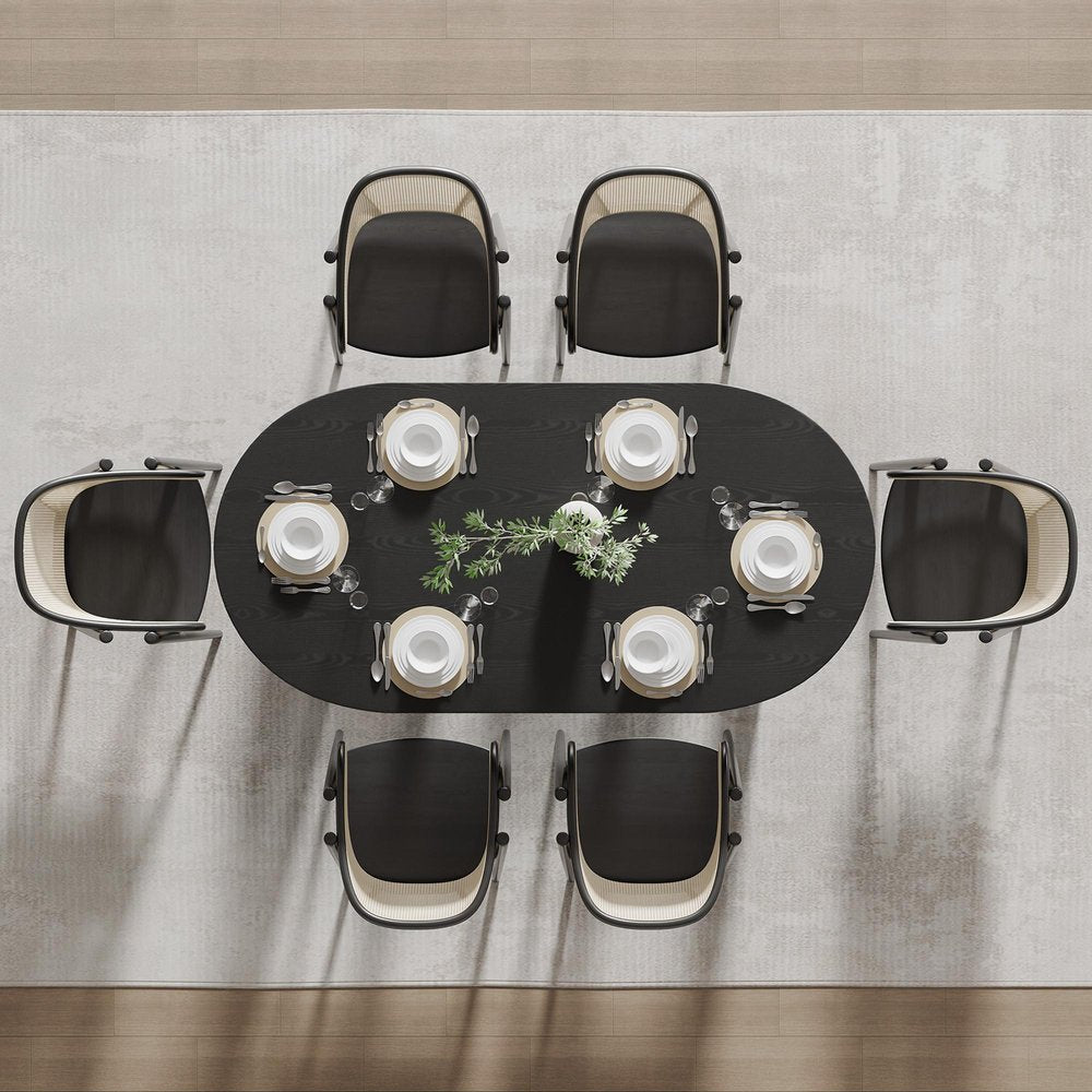 67" Black Wood And Rattan Double Pedestal Base Oval Dining Table