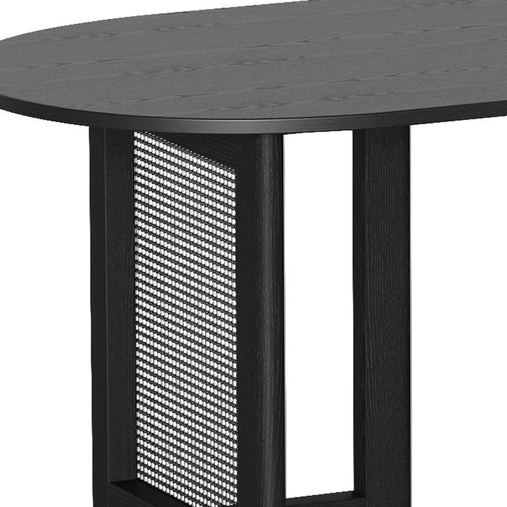 67" Black Wood And Rattan Double Pedestal Base Oval Dining Table