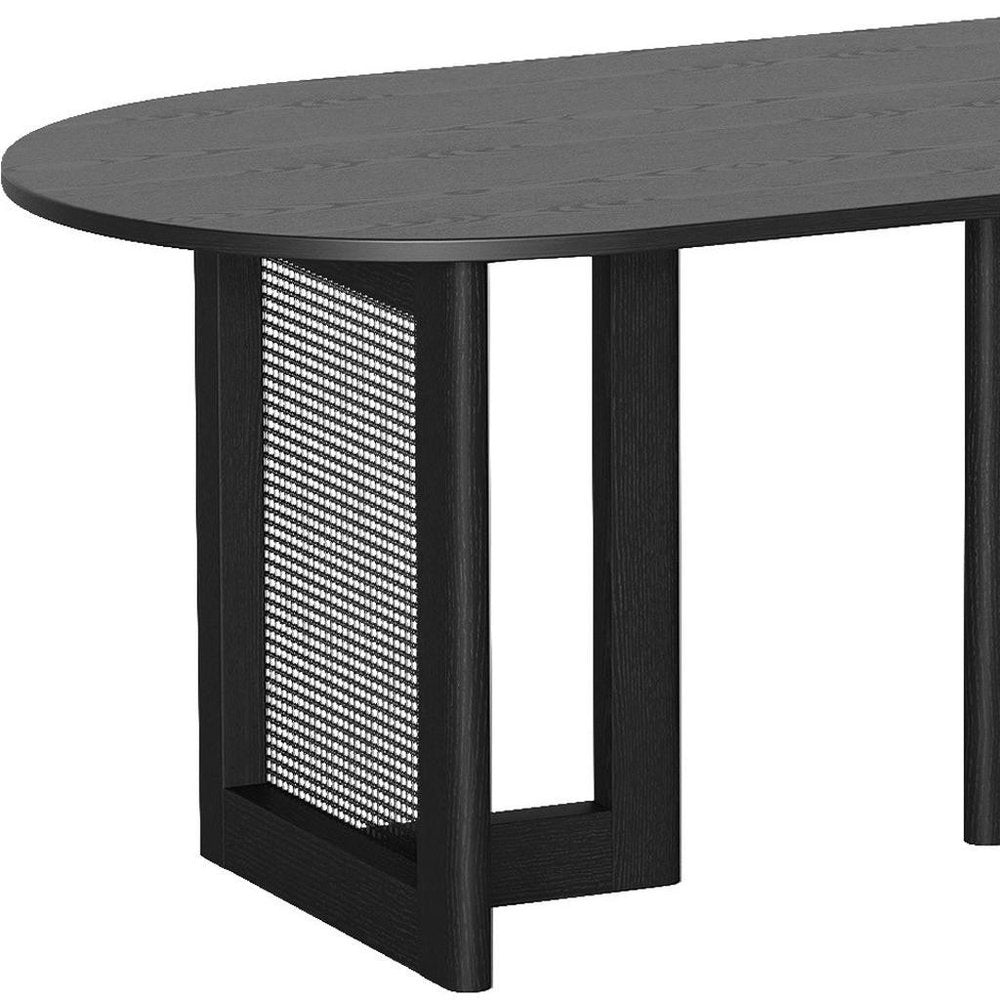 67" Black Wood And Rattan Double Pedestal Base Oval Dining Table