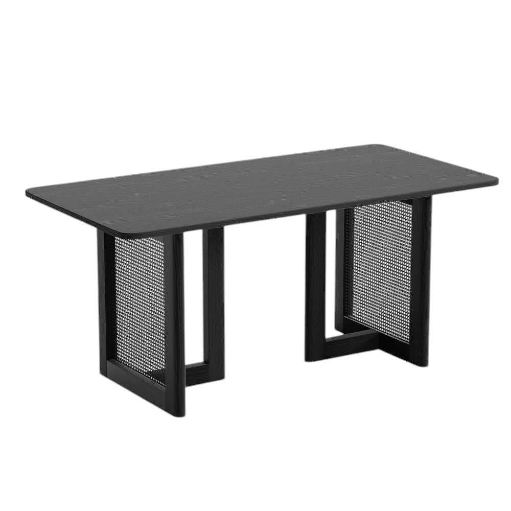 67" Black Solid Wood And Rattan Double Pedestal Base Dining Table