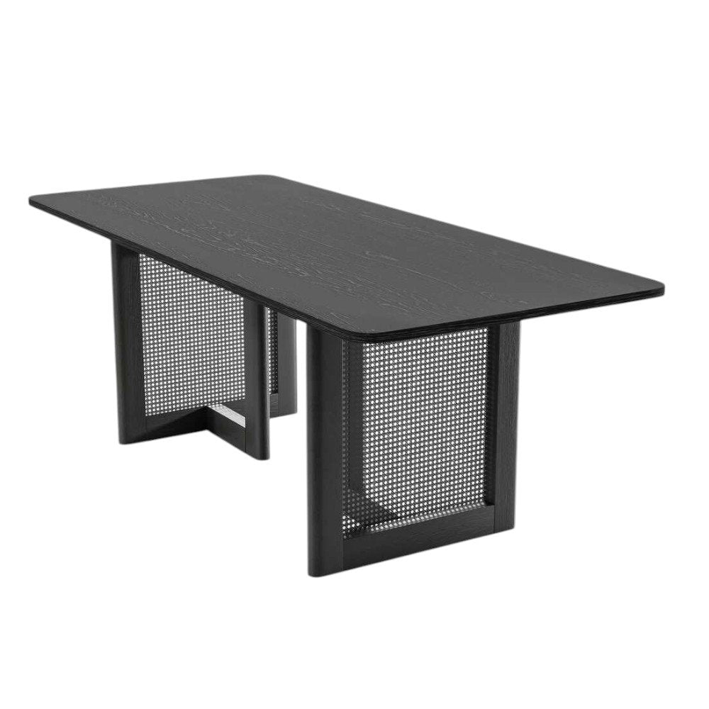 67" Black Solid Wood And Rattan Double Pedestal Base Dining Table