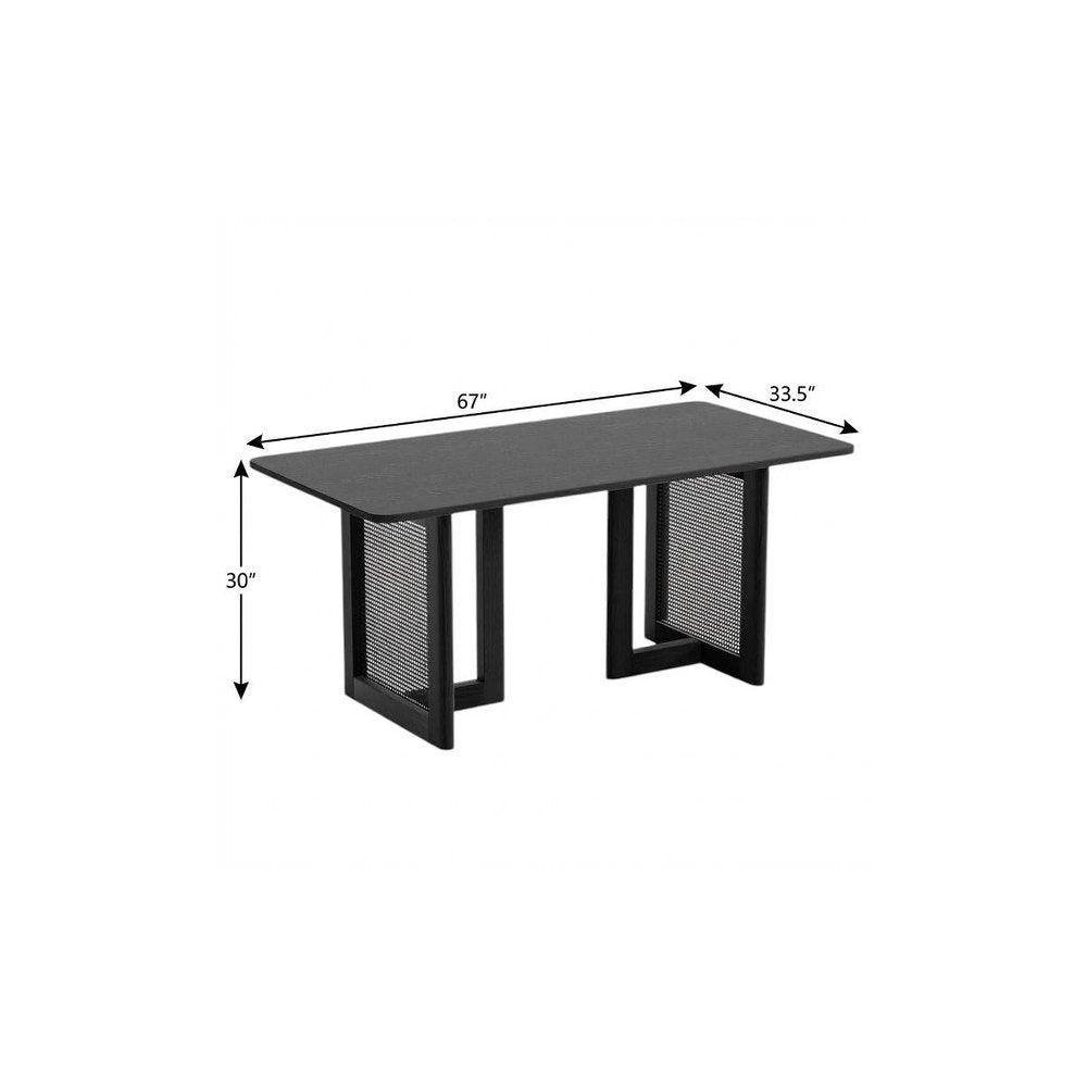 67" Black Solid Wood And Rattan Double Pedestal Base Dining Table