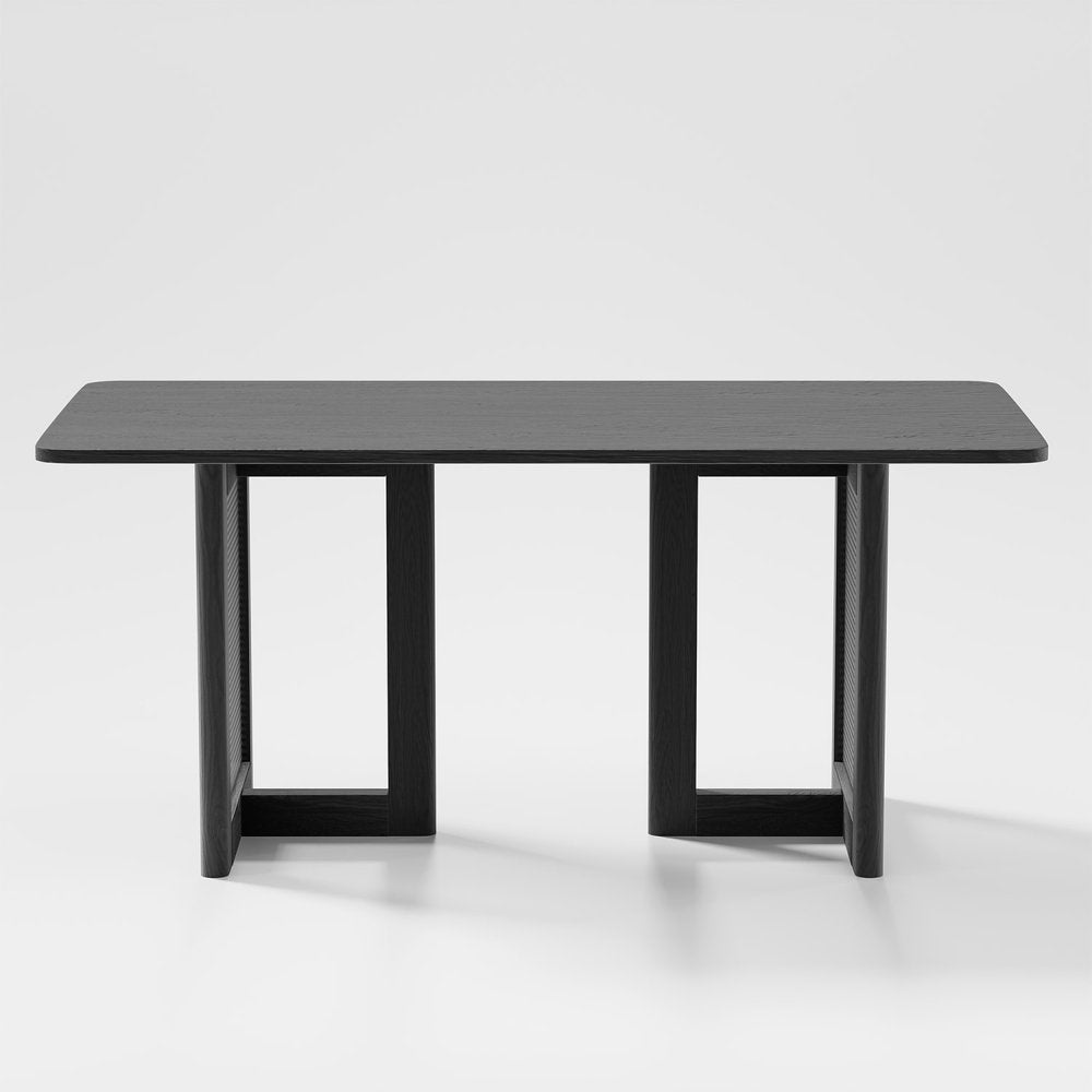67" Black Solid Wood And Rattan Double Pedestal Base Dining Table