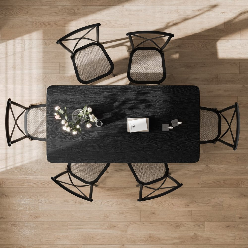 67" Black Solid Wood And Rattan Double Pedestal Base Dining Table