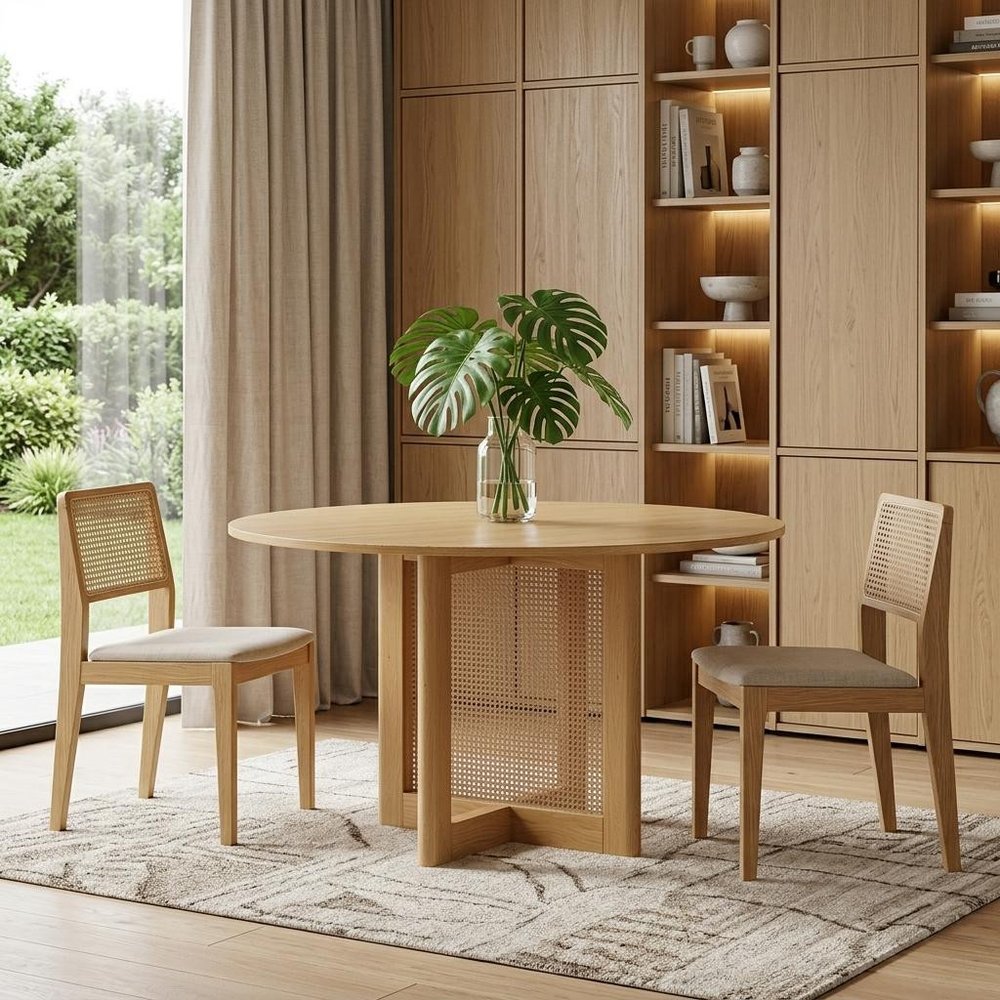 52" Natural Wood And Rattan Pedestal Base Round Top Dining Table