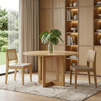 52" Natural Wood And Rattan Pedestal Base Round Top Dining Table