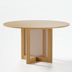 52" Natural Wood And Rattan Pedestal Base Round Top Dining Table