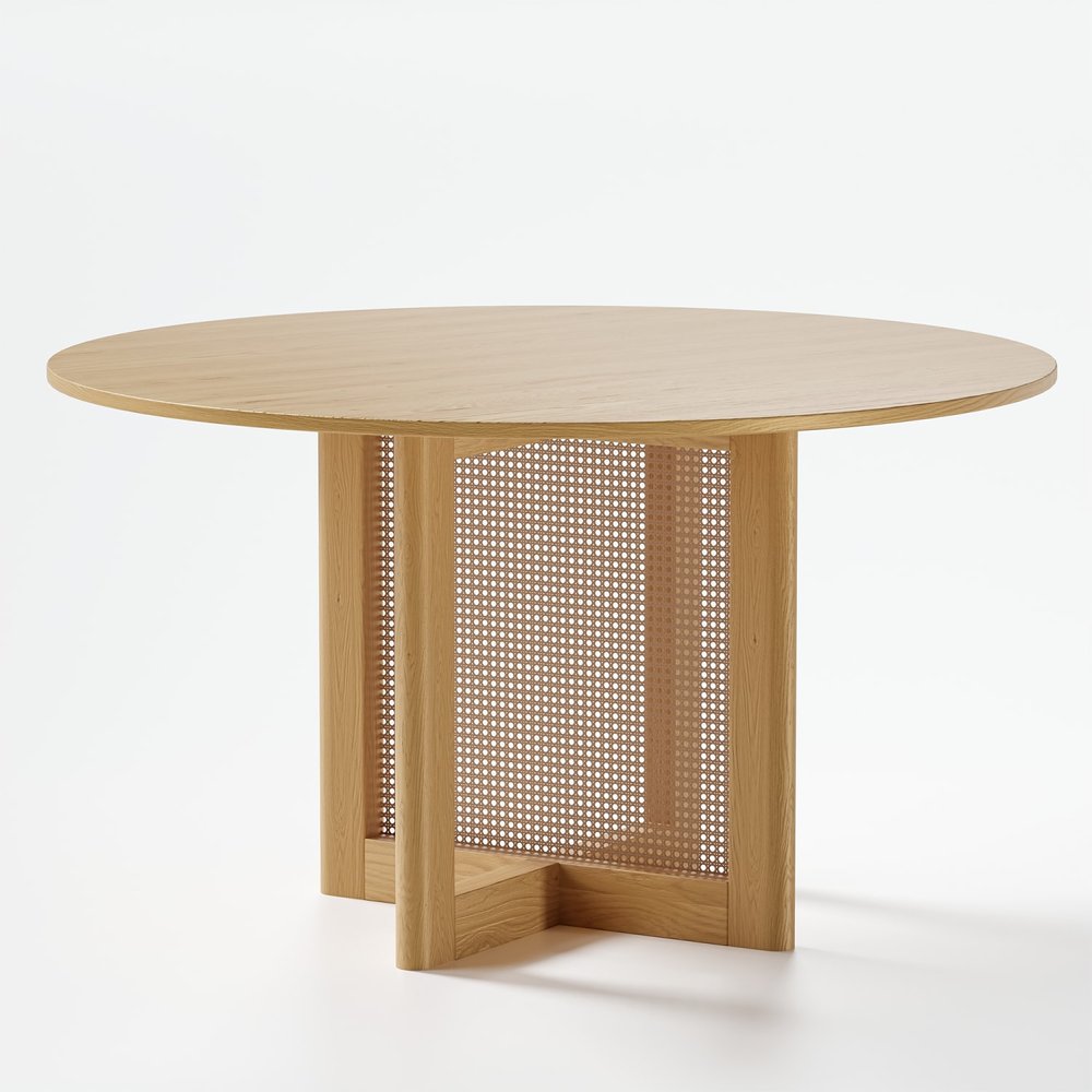 52" Natural Wood And Rattan Pedestal Base Round Top Dining Table