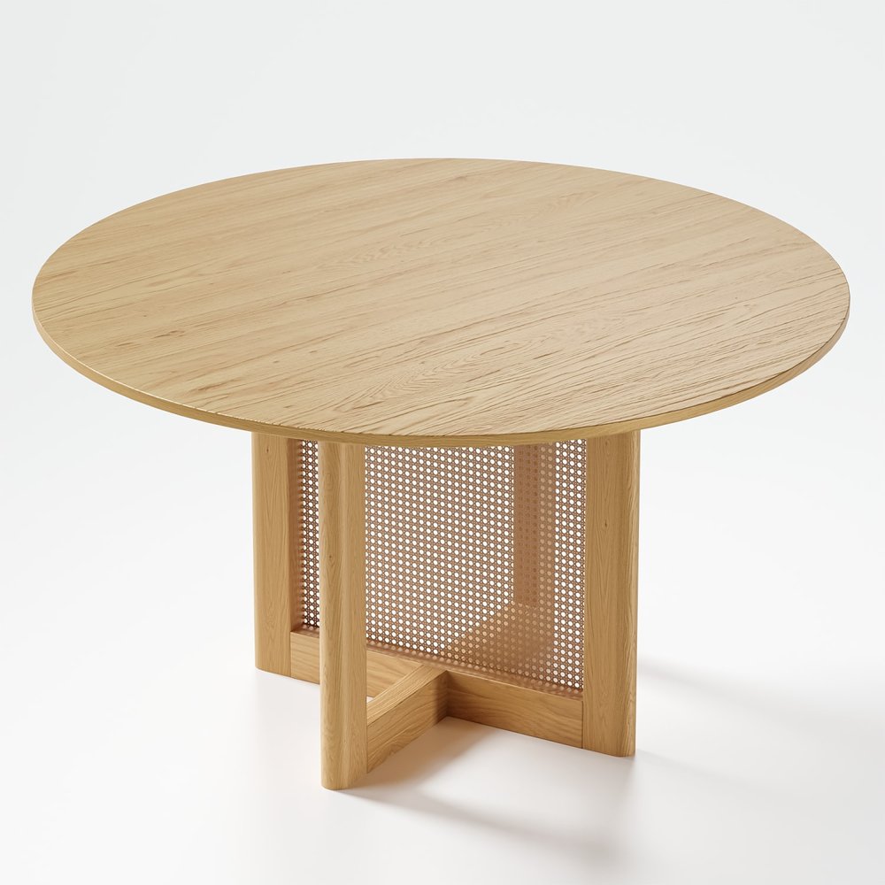 52" Natural Wood And Rattan Pedestal Base Round Top Dining Table