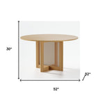 52" Natural Wood And Rattan Pedestal Base Round Top Dining Table